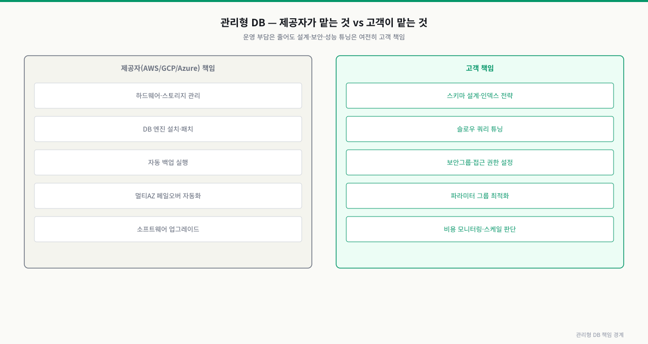 관리형 DB 책임 경계 — 제공자(AWS/GCP/Azure)가 맡는 것 vs 고객이 맡는 것. 제공자는 하드웨어·스토리지 관리, DB 엔진 설치·패치, 자동 백업 실행, 멀티AZ 페일오버 자동화, 소프트웨어 업그레이드를 책임진다. 고객은 스키마 설계·인덱스 전략, 슬로우 쿼리 튜닝, 보안그룹·접근 권한 설정, 파라미터 그룹 최적화, 비용 모니터링·스케일 판단을 여전히 책임진다. "관리형이니까 알아서 빠르겠지"라는 오해가 가장 흔한 성능 사고 원인이다