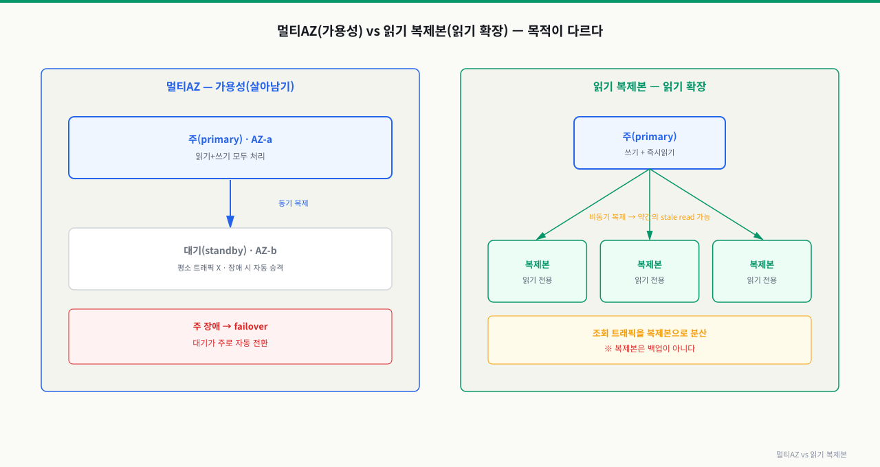 멀티AZ(가용성)와 읽기 복제본(읽기 확장)