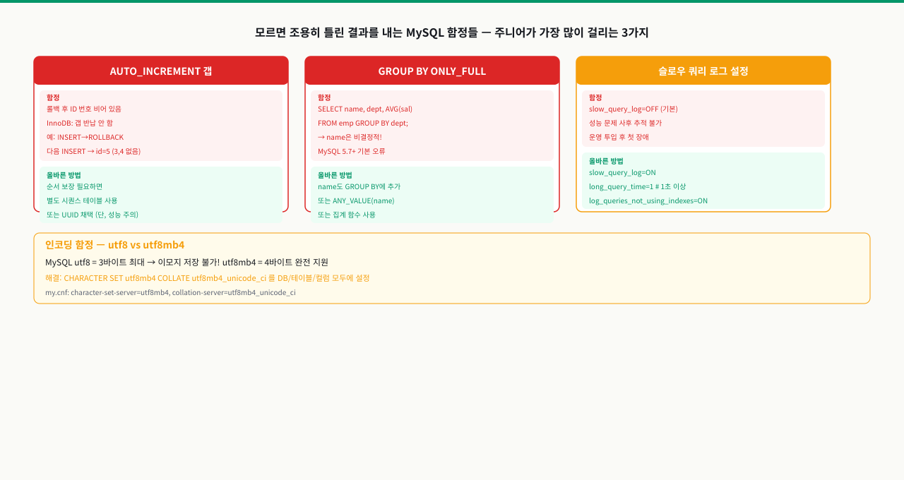 MySQL 실무 함정들 — AUTO_INCREMENT, GROUP BY, 슬로우 쿼리
