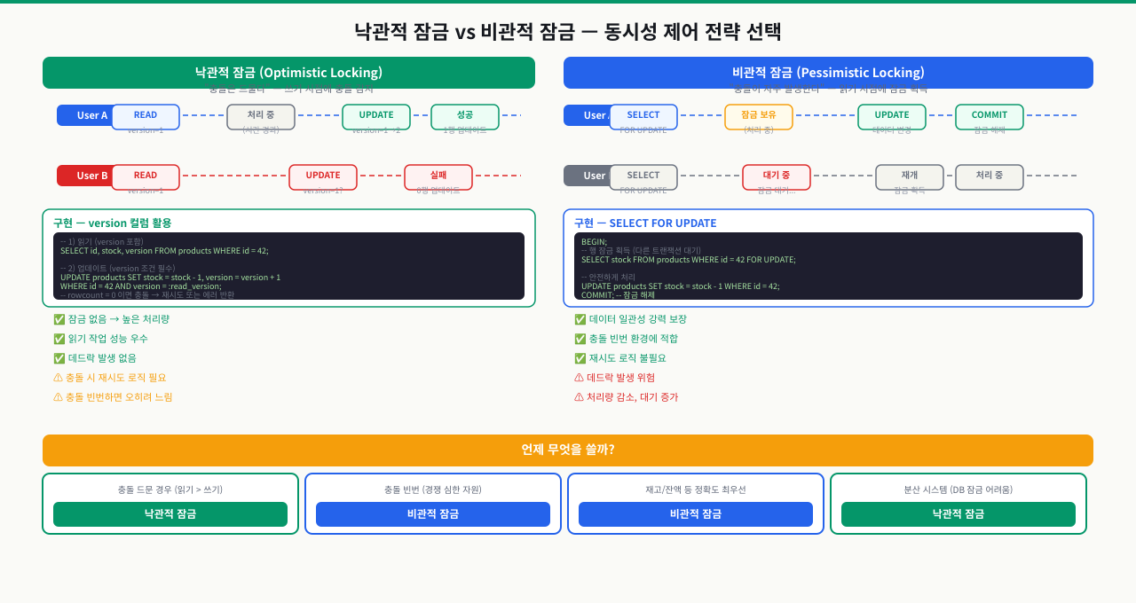 비관적 락 vs 낙관적 락 — 처리량과 충돌 감지의 트레이드오프