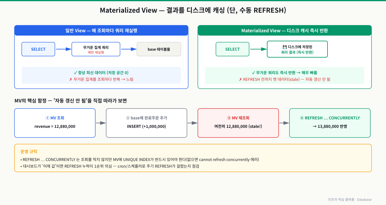 Materialized View의 읽기 경로와 stale 함정 — 일반 View는 조회마다 무거운 집계 쿼리를 base 테이블에서 재실행해 항상 최신이지만 느리고, Materialized View는 디스크에 저장된 결과를 즉시 반환해 빠르지만 REFRESH 전까지 옛 데이터를 준다. 원본에 주문을 추가해도 MV는 12,880,000 그대로(stale)이며 REFRESH MATERIALIZED VIEW CONCURRENTLY 후에야 13,880,000으로 반영된다