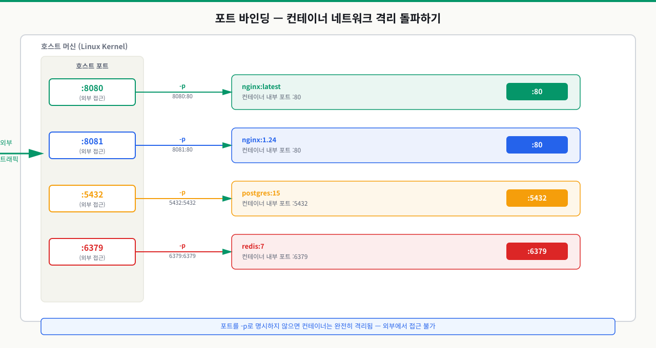 포트 바인딩 — 호스트 포트와 컨테이너 포트 연결