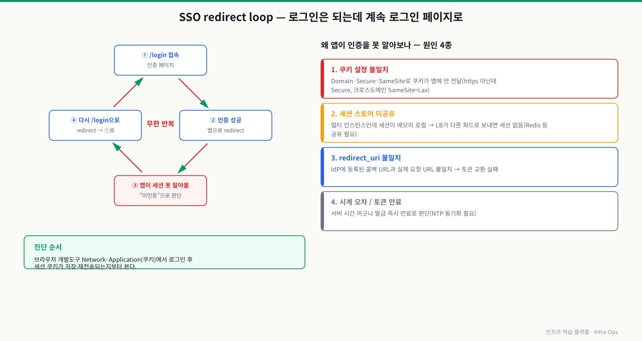SSO redirect loop 메커니즘과 원인 — ① /login 접속 → ② 인증 성공 후 앱으로 redirect → ③ 앱이 세션을 못 알아봄("미인증"으로 판단) → ④ 다시 /login으로 redirect → ①로 무한 반복. 앱이 인증을 못 알아보는 원인 4종: 쿠키 설정 불일치(Domain·Secure·SameSite), 멀티 인스턴스 세션 스토어 미공유, redirect_uri 불일치, 시계 오차로 인한 토큰 즉시 만료. 진단은 브라우저 개발도구에서 로그인 후 세션 쿠키가 저장·재전송되는지부터 본다