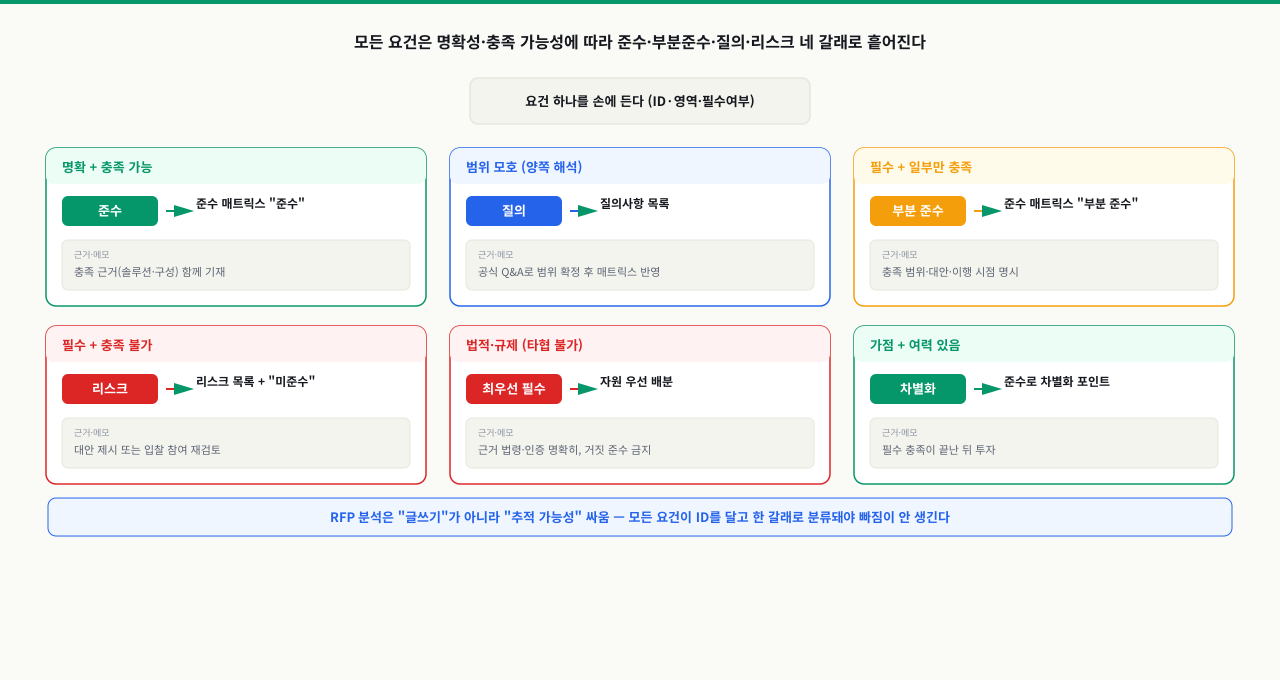 요건 하나를 ID·영역·필수여부와 함께 손에 든 뒤, 명확하고 충족 가능하면 준수, 범위가 모호하면 질의, 필수인데 일부만 충족하면 부분 준수, 필수인데 충족 불가하면 리스크와 미준수, 법적·규제는 최우선 필수, 가점은 차별화로 — 명확성과 충족 가능성에 따라 여섯 갈래로 보내는 RFP 요건 처리 결정 분기도