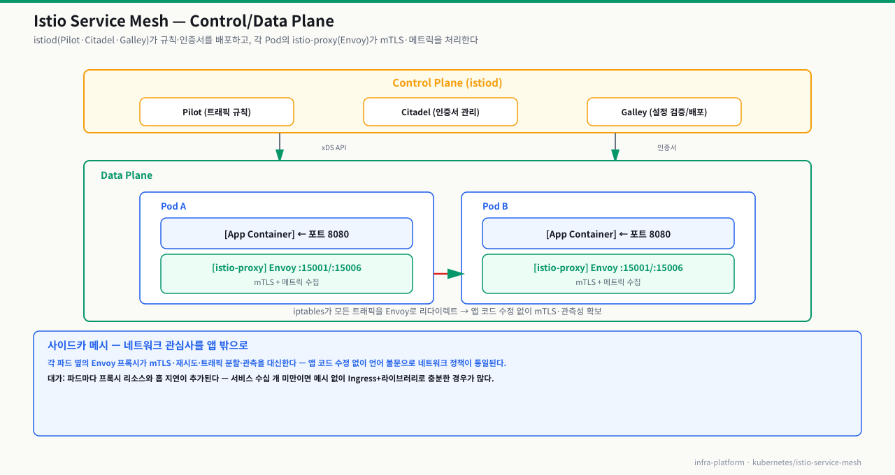 Istio Service Mesh — Control Plane(istiod: Pilot 트래픽 규칙·Citadel 인증서·Galley 설정 배포)가 xDS API/인증서로, 각 Pod의 istio-proxy(Envoy)가 앱 컨테이너 트래픽을 mTLS·메트릭 처리, iptables가 모든 트래픽을 Envoy로 리다이렉트