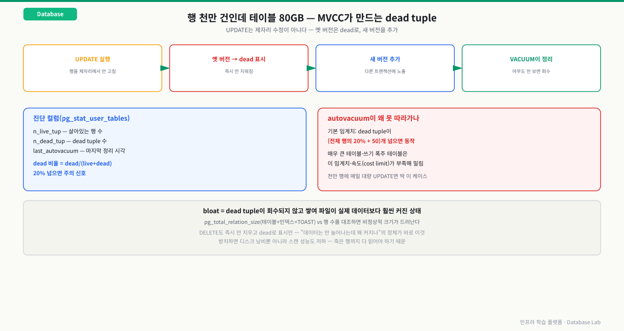 UPDATE 실행→옛 버전을 dead로 표시(즉시 안 지워짐)→새 버전 추가→VACUUM이 나중에 정리하는 MVCC 흐름과, pg_stat_user_tables의 n_live_tup·n_dead_tup·last_autovacuum 진단 컬럼, autovacuum 기본 임계치(전체 행의 20%+50개)를 매우 큰 테이블이나 쓰기 폭주 테이블이 못 따라가는 이유를 정리한 다이어그램