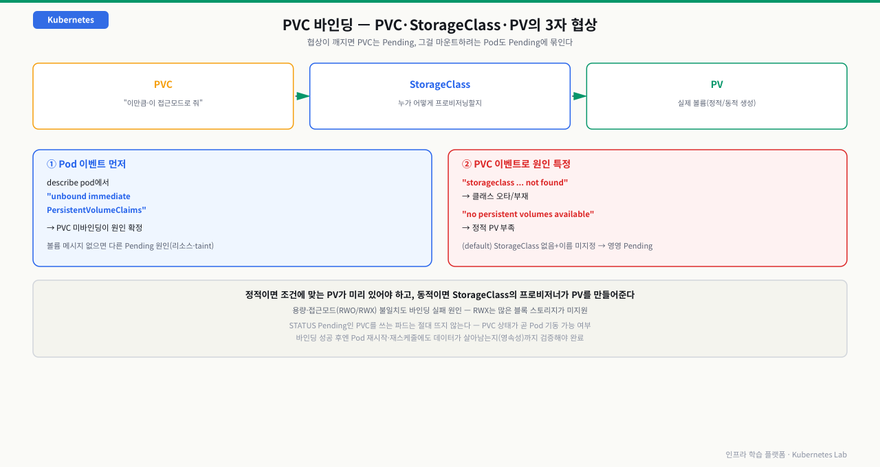 PVC(이만큼·이 접근모드로 줘)↔StorageClass(누가 어떻게 프로비저닝할지)↔PV(실제 볼륨) 3자 협상 구조와, describe pod의 unbound immediate PersistentVolumeClaims 이벤트로 원인을 좁힌 뒤 describe pvc의 storageclass not found나 no persistent volumes available 이벤트로 정확한 원인을 특정하는 2단계 진단 체인을 정리한 다이어그램