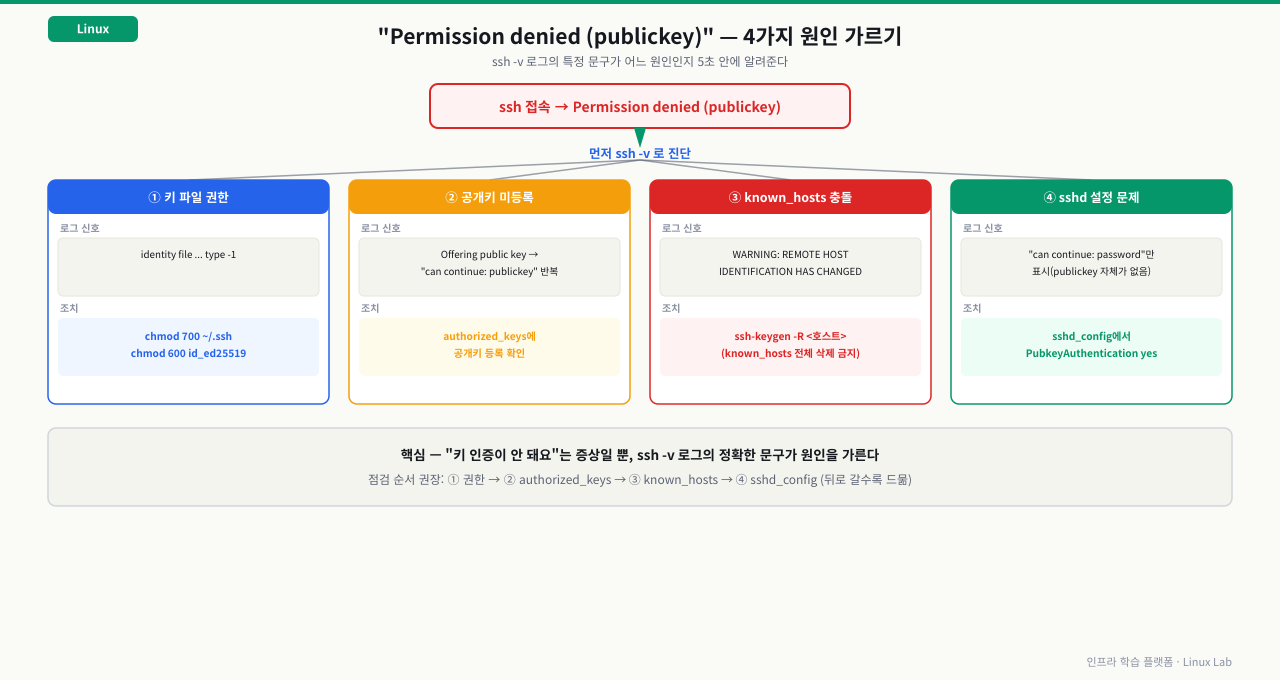 Permission denied (publickey) 4가지 원인 — 키 파일 권한/공개키 미등록/known_hosts 충돌/sshd 설정 문제를 ssh -v 로그 신호로 구분하는 결정 트리