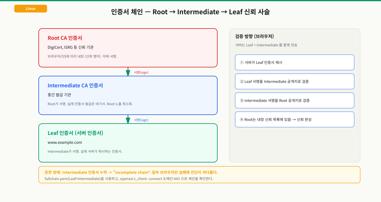 인증서 체인 — Root → Intermediate → Leaf로 이어지는 신뢰 사슬과 검증 방향
