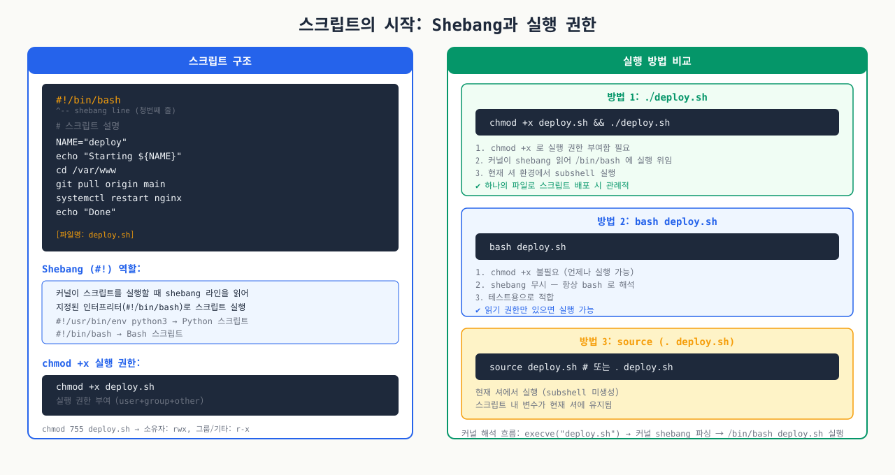 shebang 선언과 chmod +x 실행 권한 부여 흐름