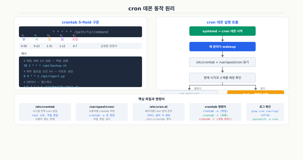 cron 데몬 동작 원리 — crontab 5-field 구문과 cron 실행 흐름