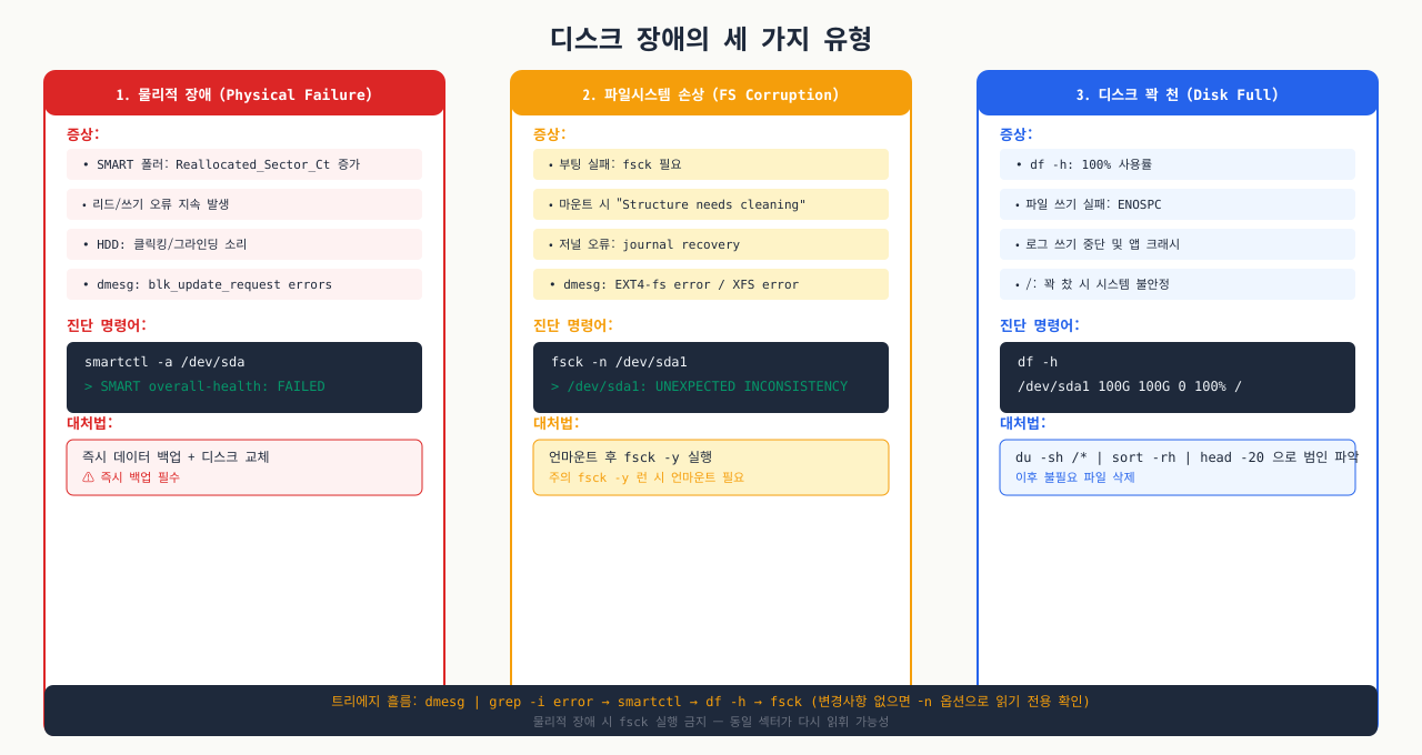 디스크 장애 세 가지 유형 — 물리 결함·파일시스템 손상·용량 고갈