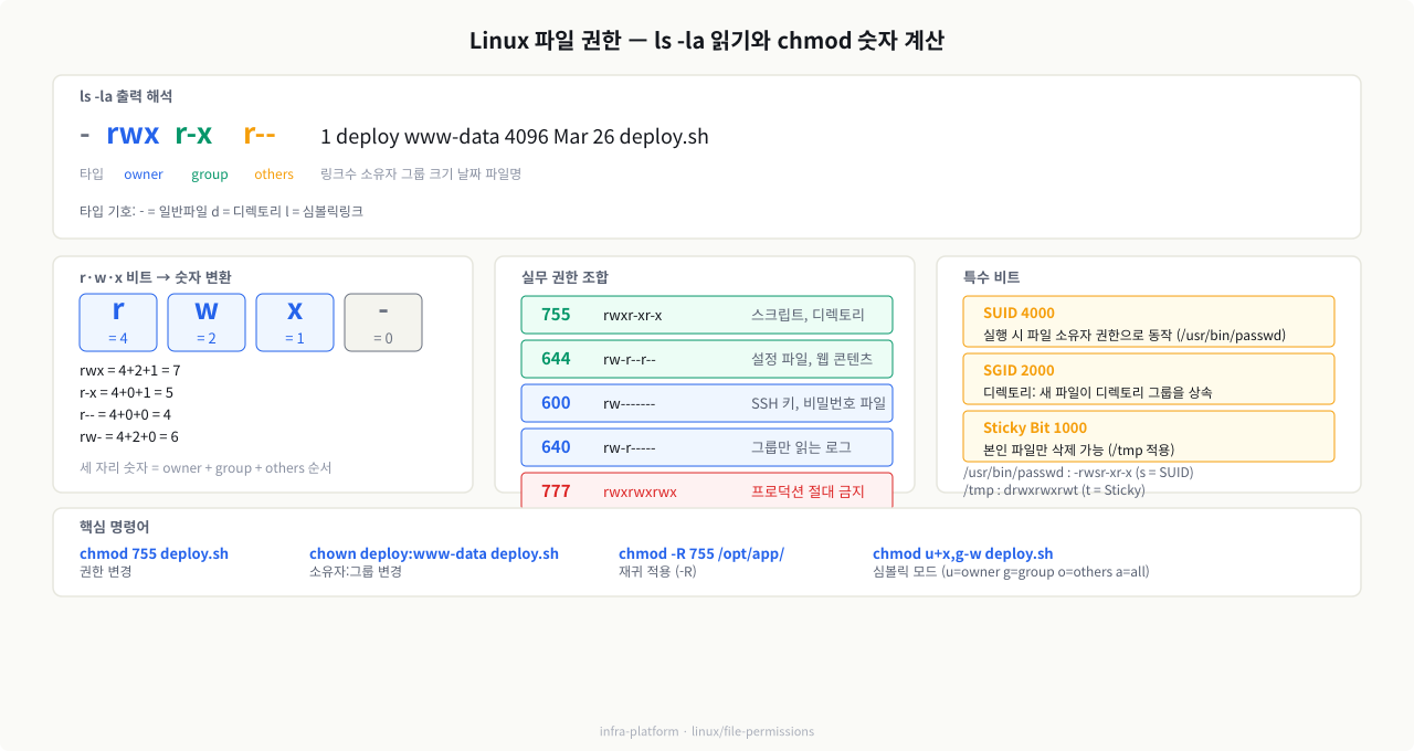 파일 권한 구조 — ls -la 읽기, rwx→숫자 변환, 실무 조합, 특수 비트