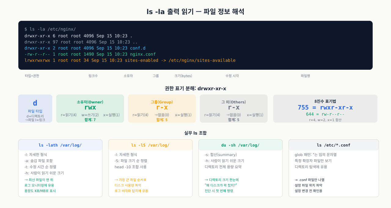 ls -la 출력 해석 — 파일 타입·권한·소유자·크기 읽기