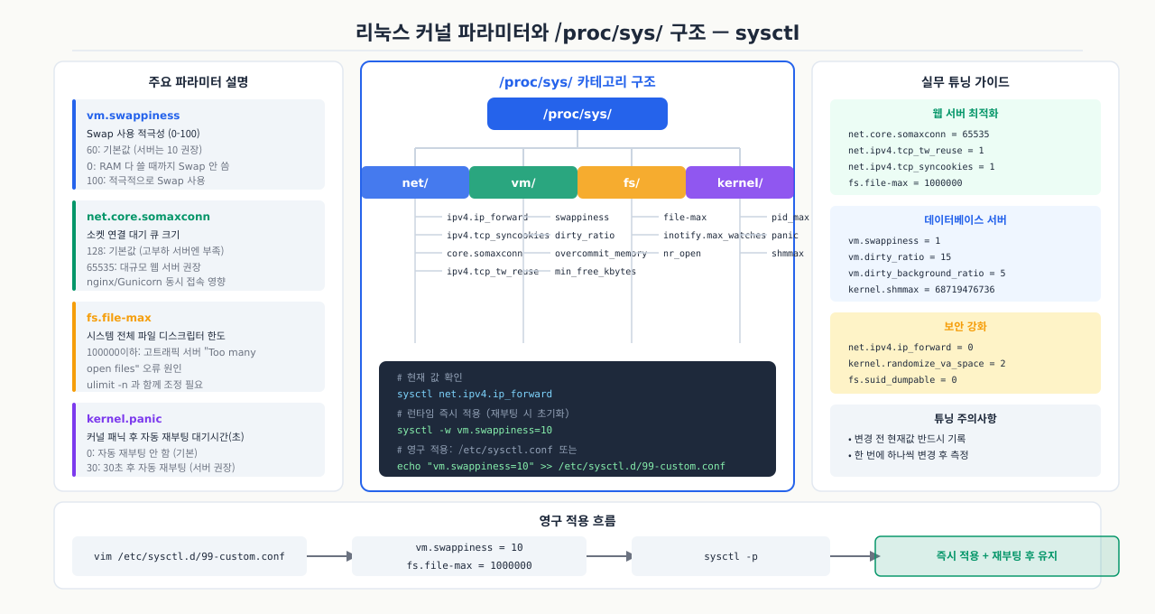 리눅스 커널 파라미터 — /proc/sys/ 카테고리 구조와 sysctl 사용법