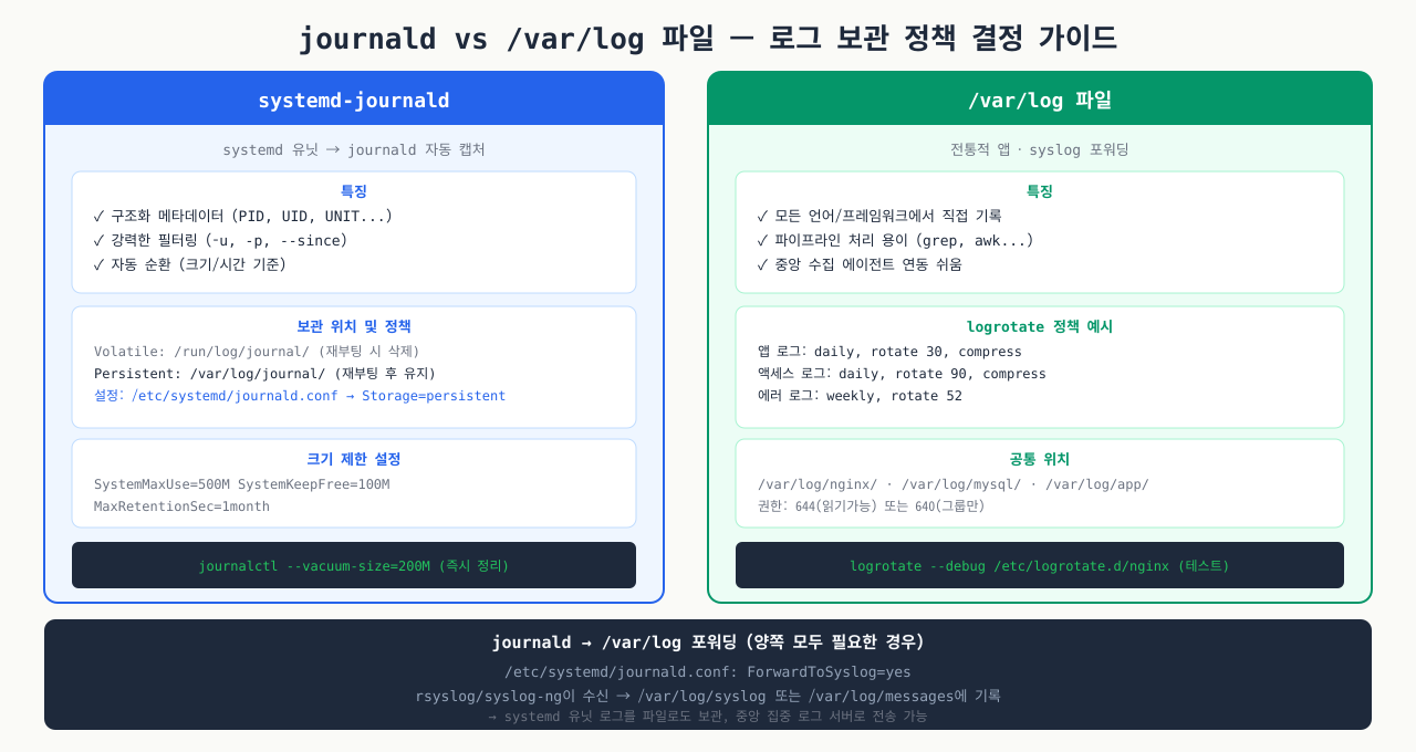 journald vs /var/log 파일 보관 정책 가이드