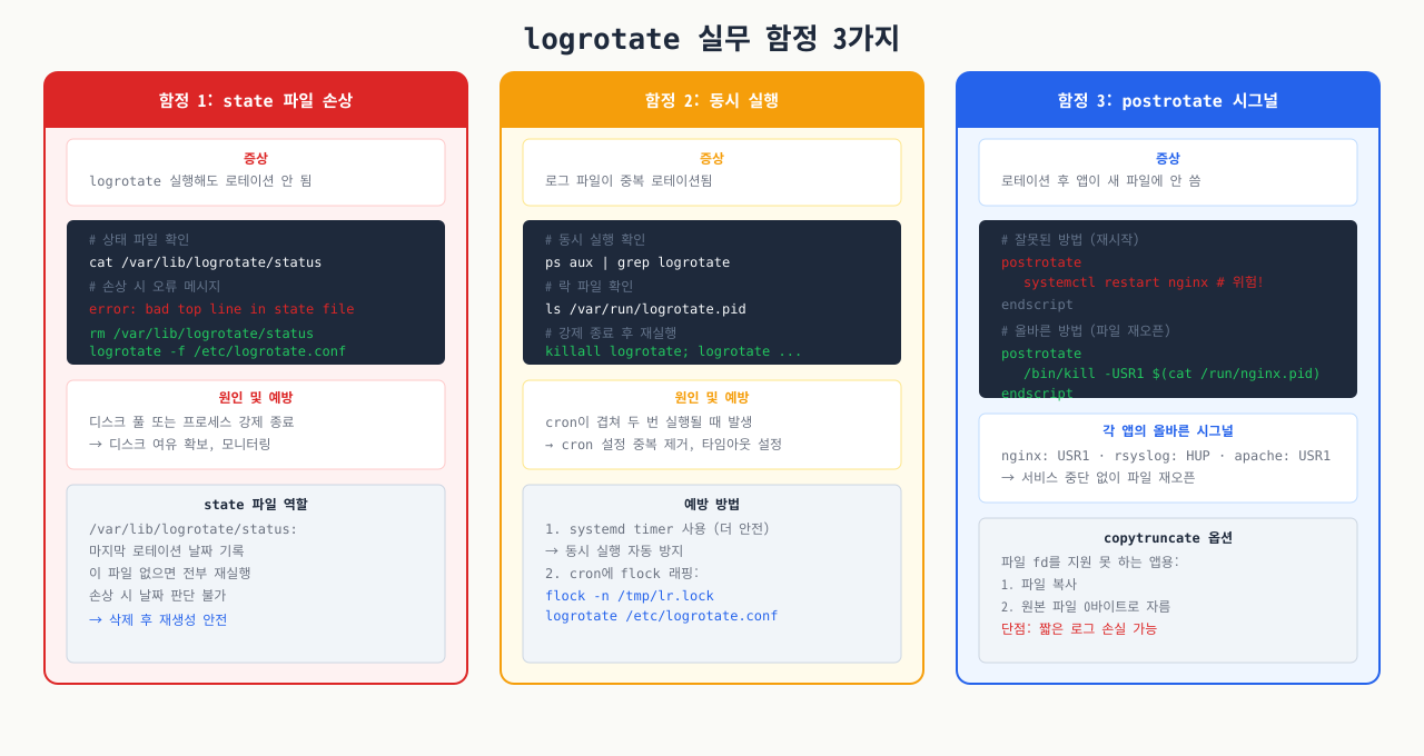 logrotate 실무 함정 3가지 — state 손상·동시 실행·postrotate