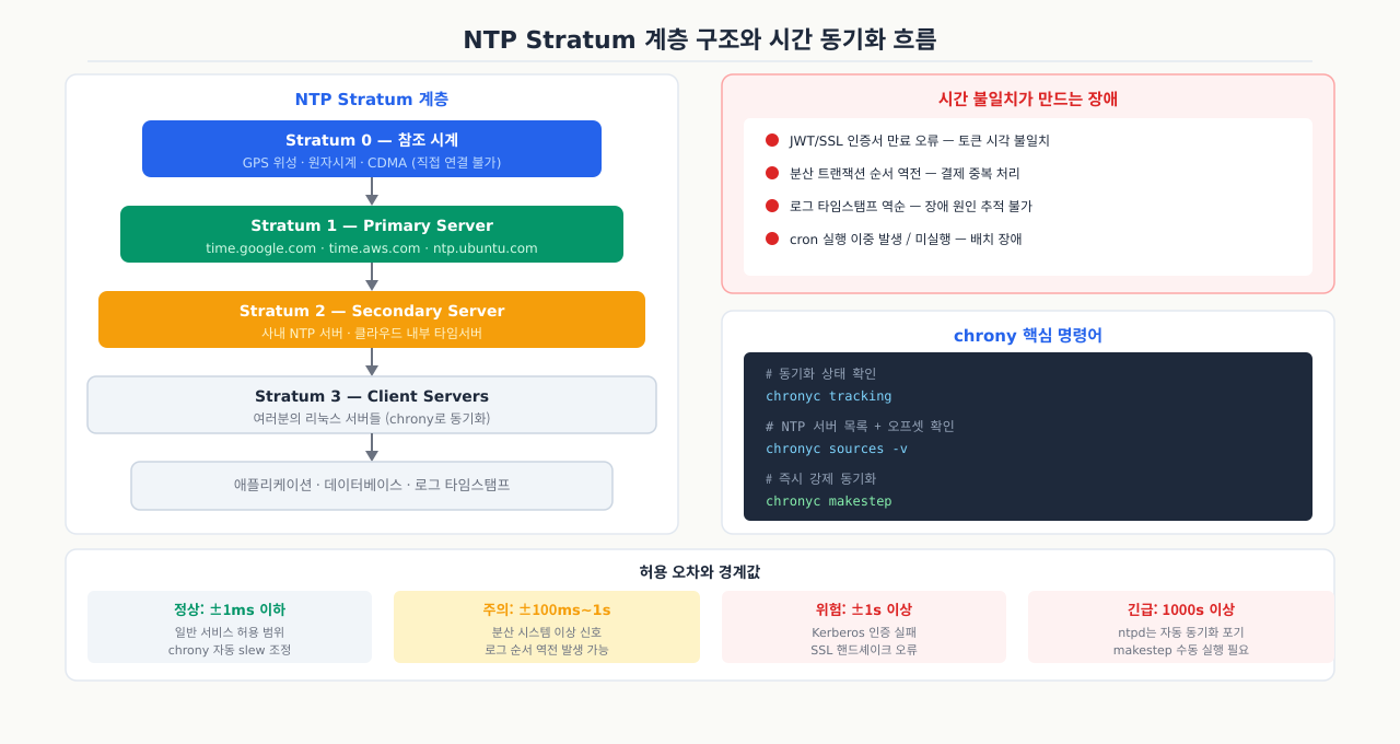 NTP Stratum 계층 구조와 시간 동기화 흐름
