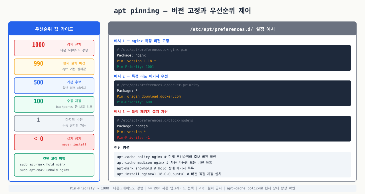 apt pinning 우선순위 값 — 1000(강제)/990(설치)/500(기본)/100(수동)/음수(금지) 와 preferences 설정 예시