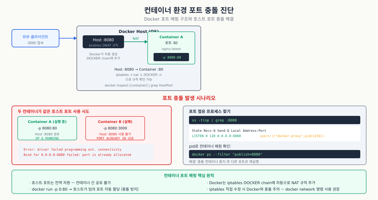 컨테이너 포트 충돌 진단 — Docker 포트 매핑 구조와 호스트 포트 충돌