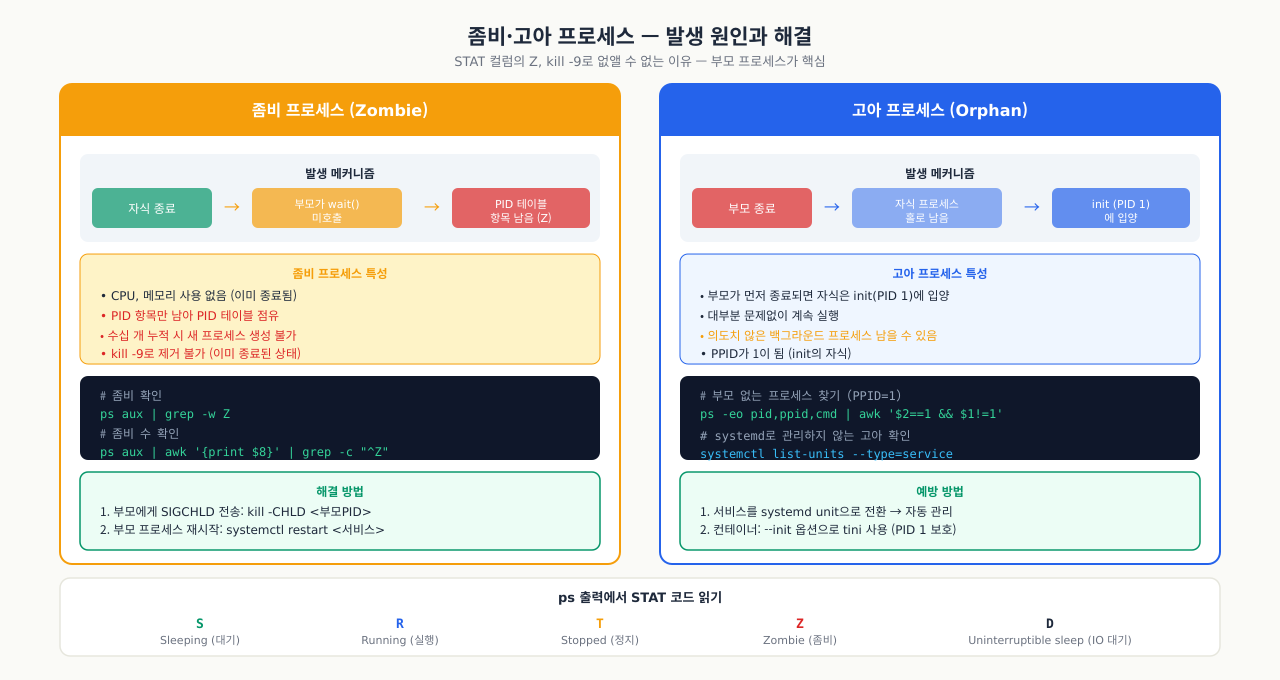 좀비·고아 프로세스 발생 원인과 해결 — STAT 코드, 부모 프로세스 역할