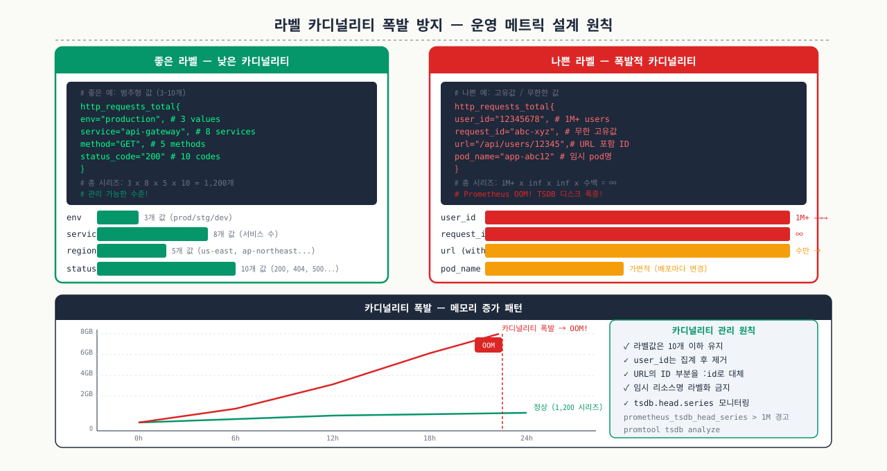 라벨 카디널리티 폭발 — 좋은 vs 나쁜 라벨과 메모리 증가 패턴