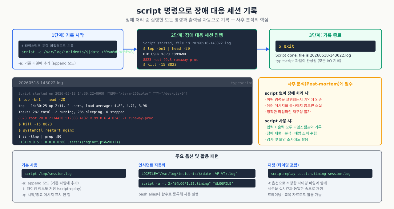 script 명령 세션 기록 — 시작·진행·종료 흐름과 포스트모텀 활용