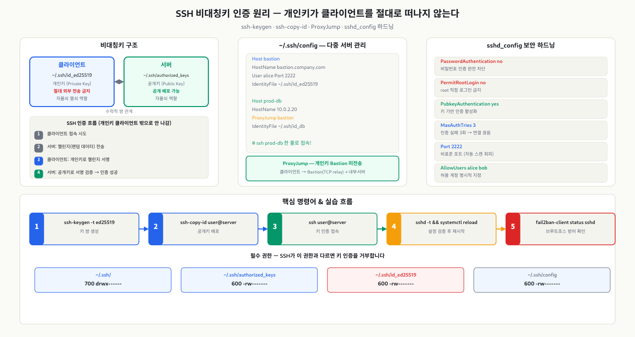 SSH 비대칭키 인증 원리 — 개인키가 클라이언트를 절대로 떠나지 않는다