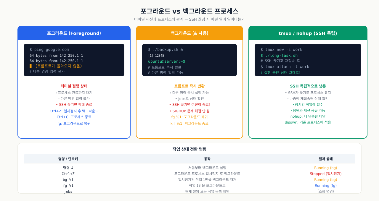 포그라운드·백그라운드·tmux 비교 — SSH 끊김 시 생존 여부