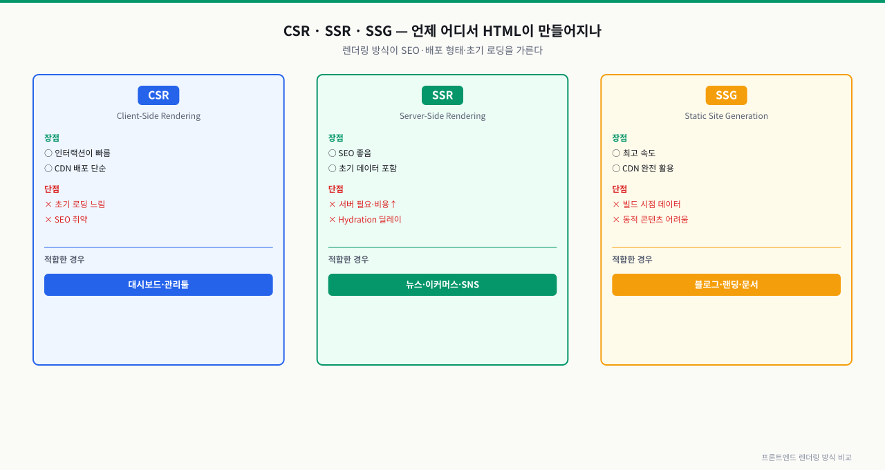 CSR/SSR/SSG 렌더링 방식 — CSR은 브라우저가 JS로 그림(서버 부담 적음·SEO 약함·초기 로딩 느림), SSR은 요청 시 서버가 HTML 생성(SEO 강함·서버 부담 큼), SSG는 빌드 시 미리 생성해 CDN 제공(가장 빠름·갱신 시 재빌드). SEO·콘텐츠 갱신 빈도·상호작용으로 선택