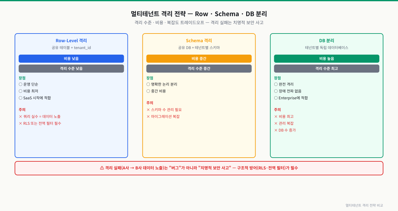 멀티테넌트 격리 전략 3가지 — Row · Schema · DB 분리