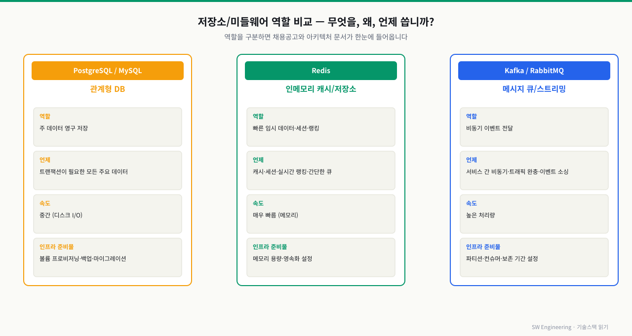 PostgreSQL·Redis·Kafka 저장소 역할 비교 — 용도·속도·인프라 준비물
